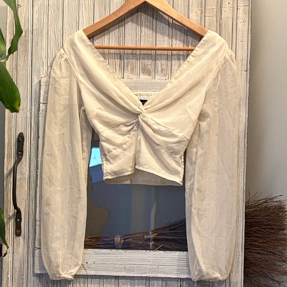 Japna Crop Top Sheer Long Sleeves Cream Size XS EUC
